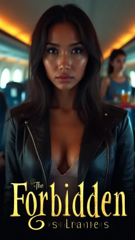 Image The captivating realistic cover of "The Forbidden Series" features a close-up of an Asian woman with an intense look, wearing a leather jacket with zippers and pockets. The background shows the interior of an airplane with a blonde flight attendant holding a serving tray with cocktails; Mumbai is visible through the airplane windows. The title, "The Forbidden Series," is prominently displayed in a bold, stylized font, hinting at the intriguing and daring nature of the story.
