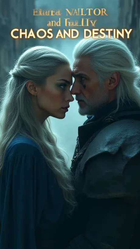 Image The captivating realistic cover of "Elara Valtor and Geralt Of Rivia : CHAOS AND DESTINY" features a close-up of a striking woman with long silver hair cascading around her face, her piercing green eyes locked with those of a white-haired man beside her. The woman wears dark blue sorceress robes. The man has pale skin and white hair, with a scar across his left eye, clad in black leather armor. They stand amidst the smoky ruins of a destroyed academy. The title, "Elara Valtor and Geralt Of Rivia : CHAOS AND DESTINY," is emblazoned above them in a bold, mystical font, with "CHAOS AND DESTINY" highlighted in a fiery glow, hinting at the tumultuous journey ahead.

