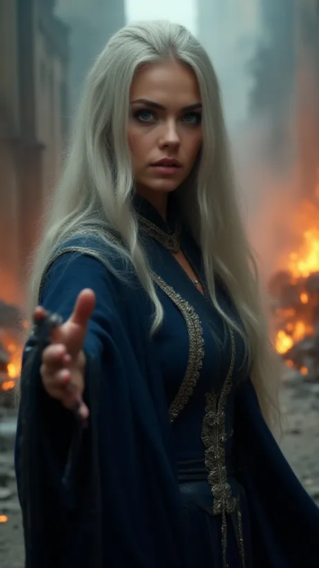 Image The captivating realistic cover of "Elara Valtor and Geralt Of Rivia : CHAOS AND DESTINY" features a close-up of a determined woman with long silver hair, her green eyes piercing through the smoky haze of a burning academy. Dressed in a dark blue sorceress robe with silver accents, she stands amidst the smoldering ruins, her hand subtly unleashing a wave of chaotic magic. In the background, the fiery destruction of Aretuza academy vividly conveys the immense power she wields. The title, "Elara Valtor and Geralt Of Rivia : CHAOS AND DESTINY," is emblazoned in a bold, arcane font, positioned to highlight the impending doom and the central figures of the saga.
