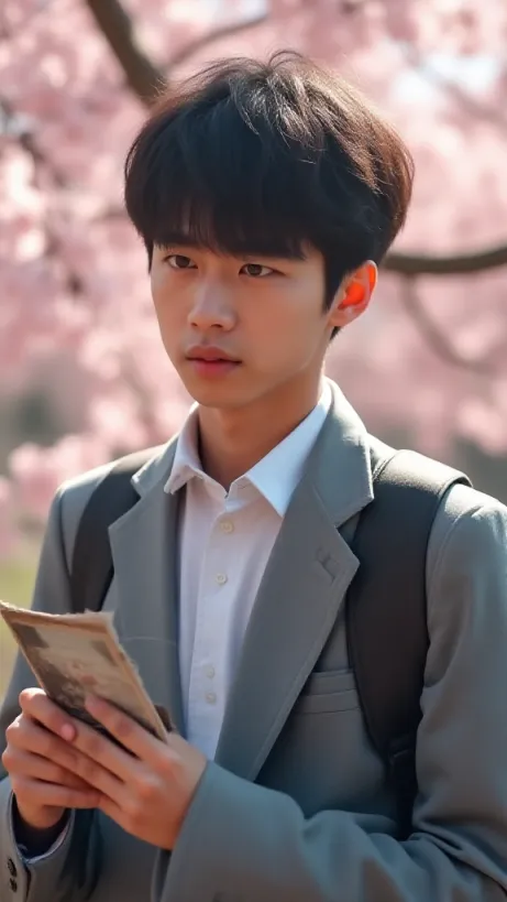 Image The captivating realistic cover of "Boyfriend Material" features a close-up of a slender, attractive teenage Asian boy amidst a flurry of delicate cherry blossoms. He's dressed in a crisp school uniform, softened by a casual blazer, and carries a student backpack slung over his shoulder. His dark, short hair frames a face etched with concern as he clutches a worn photograph. The background is blurred, focusing attention on his intense gaze and youthful vulnerability. The title, "Boyfriend Material," is displayed in a playful, yet elegant font that complements the romantic tension of the scene.
