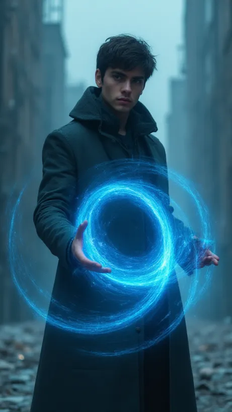 Image The captivating realistic cover of "The Last Eternity" features a close-up of a melancholic young man in a long, dark gray coat with glowing blue energy patterns, his hands gently manipulating a swirling vortex of temporal energy. The background is a blurred, shattered cityscape with prominent time distortions, hinting at the protagonist's power over time. The title, "The Last Eternity," is emblazoned across the top in a bold, futuristic font that seems to ripple with temporal energy, grounding the image while reinforcing the themes of power and isolation.

