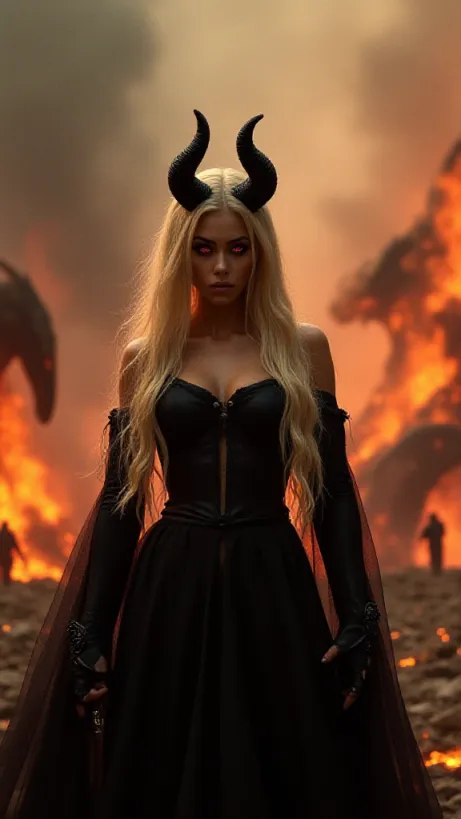 Image The captivating realistic cover of 'Xrès the goddess of hell against the dragons army' features a close-up of a beautiful, formidable woman with long blonde hair and black horns, adorned in black divine attire. She stands amidst a chaotic, fiery battlefield, her crimson eyes radiating power and a hint of madness. The background showcases a hellish landscape with volcanic eruptions and demonic figures clashing with colossal dragons. The title, "Xrès the goddess of hell against the dragons army," is emblazoned across the top in a bold, fiery font, emphasizing the epic scale of the conflict.
