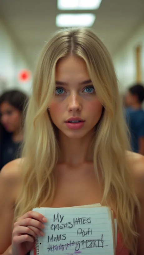 Image The captivating realistic cover of "My Crush Hates Me But Hashtag Worthy" features a close-up of a blonde cheerleader, her blue eyes sparkling with a mix of mischief and allure. She holds a homework assignment in one hand and playfully bites her lip, her expression conveying a sense of knowing. The backdrop is a bustling high school hallway, blurred to keep the focus on her. Above her head, scrawled in a vibrant, graffiti-style font, is the title "My Crush Hates Me But Hashtag Worthy," catching the eye with its provocative and contemporary appeal.
