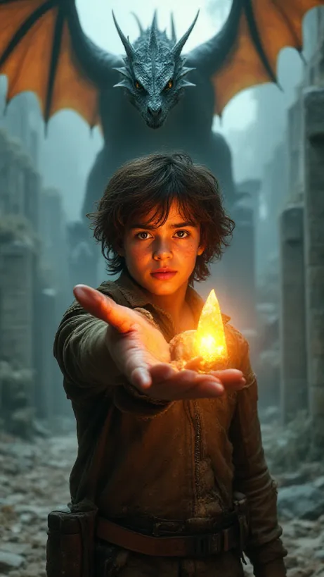Image The captivating realistic cover of "The Dragon's Quest" features a close-up of a determined young adventurer, his face smudged with dirt and sweat, holding a glowing crystal in his outstretched hand. The adventurer has brown messy hair and is wearing a brown leather jacket with multiple pockets and a sturdy belt. Behind him, ancient temple ruins are visible, bathed in the ethereal light emanating from the crystal. Above him, a dragon is perched atop the ancient temple, wings partially unfurled, one claw resting protectively on a large, glowing crystal, intense piercing yellow eyes gazing forward with wisdom and power. The title, "The Dragon's Quest," is emblazoned across the top in bold, stylized lettering, hinting at the mystical journey that awaits.
