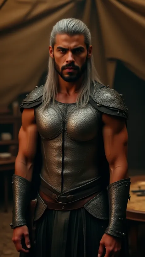 Image The captivating realistic cover of "Ahklan Saga: Raegnlax The Conqueror" features a close-up of a determined, muscular man with long silver hair styled back, wearing silver dragon scale armor and a leather belt. He stands in a war room tent during the dance of dragons, with a map table in the background. His serious expression and the intense atmosphere are enhanced by cinematic lighting. The title, "Ahklan Saga: Raegnlax The Conqueror," is prominently displayed in bold, stylized font, conveying a sense of epic fantasy and adventure.
