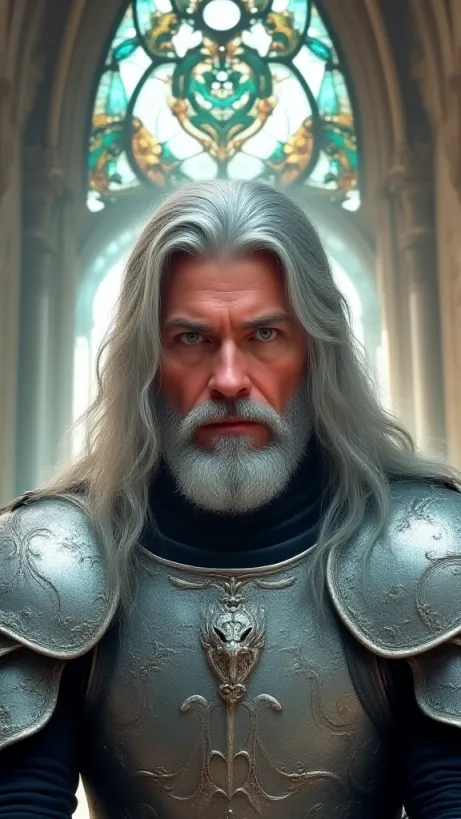 Image The captivating realistic cover of "Ahklan Saga: Raegnlax The Conqueror" features a close-up of a determined man with flowing silver hair and piercing blue eyes, his face framed by intricately designed silver armor. He holds the hilt of an ornate sword, his expression regal and ambitious. The backdrop showcases a majestic hall bathed in sunlight streaming through stained-glass windows depicting dragon motifs, hinting at a world of ancient power and mythical creatures. The title, "Ahklan Saga: Raegnlax The Conqueror," is emblazoned across the top in bold, stylized lettering, conveying a sense of epic fantasy and impending conquest.
