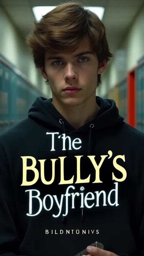 Image The captivating realistic cover of "The Bully's Boyfriend" features a close-up of a handsome teenager with short brown hair and a mischievous glint in his eyes. He is wearing a black hoodie and clutching a psychology textbook. The background is a blurred high school hallway with lockers lining the walls. The cover shows dramatic lighting focused on the boy’s face, highlighting his determined expression. The title, "The Bully's Boyfriend," is prominently displayed in bold, stylized lettering with a subtle, subversive undertone, hinting at the story's themes of manipulation and revenge.
