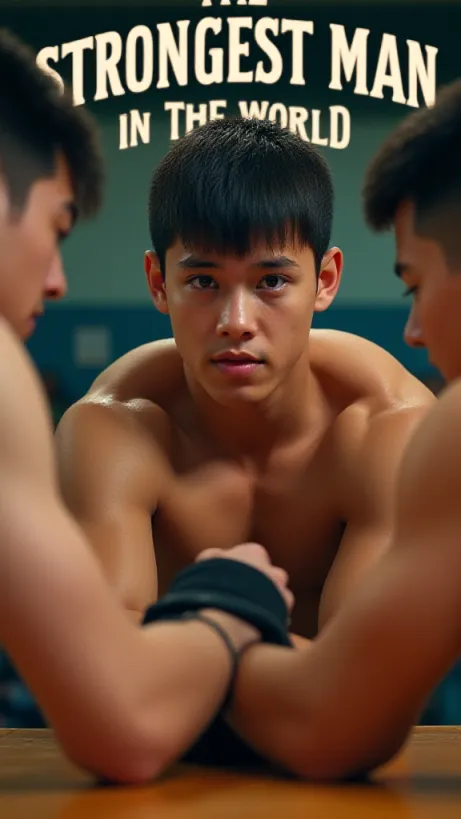 Image The captivating realistic cover of "The Strongest Man In The World" features a close-up of a muscular teenage boy with short dark hair, his face etched with determination as he strains against another teen in an intense arm-wrestling match. The scene is set in a brightly lit, packed school gymnasium, where the energy of the crowd is palpable. The boy wears black wristbands, emphasizing his powerful forearms. Sweat glistens on his brow, and his muscles are tense with effort. The title, "The Strongest Man In The World," arches above the scene in bold, dynamic lettering, conveying strength and competition.
