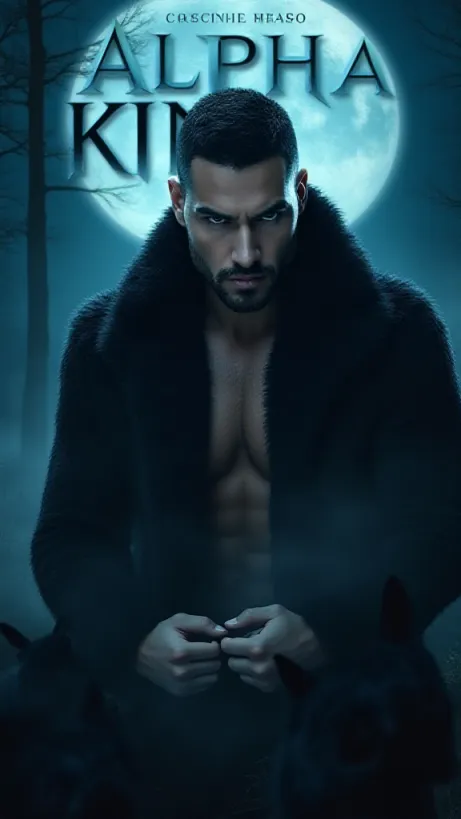 Image The captivating realistic cover of "My Alpha King" features a close-up of a muscular man with short black hair and a serious expression, wearing a black fur coat. His hands are clenched. The background is a moonlit forest clearing, casting long shadows of wolves, and creating a mystical atmosphere. The title, "My Alpha King," is emblazoned in a bold, gothic font across the top, with a subtle glow that enhances the supernatural feel.
