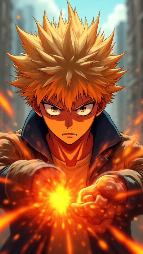 Image The captivating realistic cover of "My Hero Academia" features a close-up of a fiery young man with spiky ash-blond hair, his face illuminated by explosions. He has an intense, determined gaze that commands attention. Grenade-like gauntlets adorn his hands, emphasizing his explosive power. The background is a blurred cityscape, with smoke and sparks creating a sense of dynamic action. The title, "My Hero Academia," is emblazoned across the top in bold, stylized lettering, reflecting the energy and intensity of the character and the world he inhabits.
