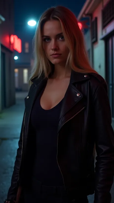 Image The captivating realistic cover of "The Forbidden One" features a close-up of a determined young woman with long blonde hair and striking blue eyes, holding a pistol with a confident grip. The backdrop is a dark alleyway bathed in neon lights reflecting off the wet pavement. Her black leather jacket and fitted top enhance her strong, independent aura. The title, "The Forbidden One," is emblazoned across the top in a bold, crimson font, hinting at the dangerous and passionate nature of the story.
