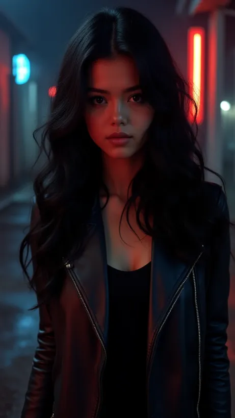 Image The captivating realistic cover of "The Forbidden Princess" features a close-up of a sultry young woman with long, wavy black hair, her intense gaze holding a Beretta 92FS pistol. She exudes strength and defiance in her leather jacket and black tank top. The backdrop is a dimly lit alleyway, neon lights casting an edgy glow, hinting at a dangerous world. The title, "The Forbidden Princess," is emblazoned in a bold, elegant font, capturing the story's blend of royalty and danger.
