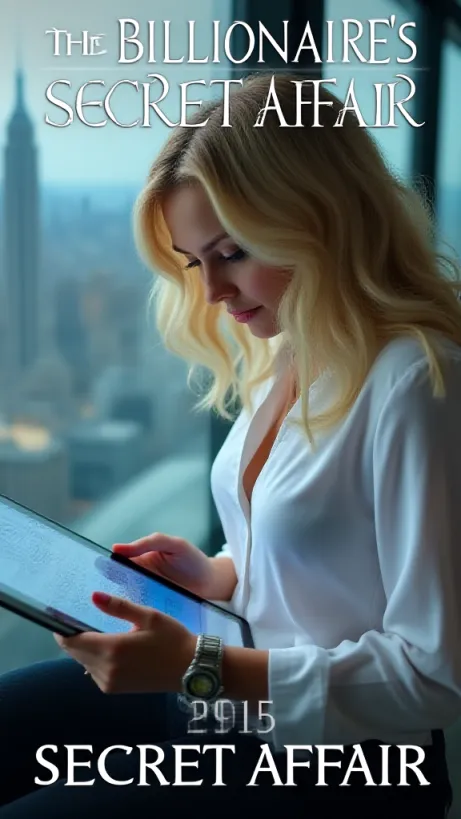 Image The captivating realistic cover of "The Billionaire's Secret Affair" features a close-up of a woman with blonde, wavy hair, looking intently at a tablet displaying complex data. She is wearing a crisp white blouse and a wristwatch, set against the backdrop of a modern office with a panoramic city view visible through the floor-to-ceiling windows. The scene is lit with natural lighting, casting a serious and corporate tone. The title, "The Billionaire's Secret Affair," is prominently displayed in a sleek, elegant font, hinting at the intrigue and suspense within the story.
