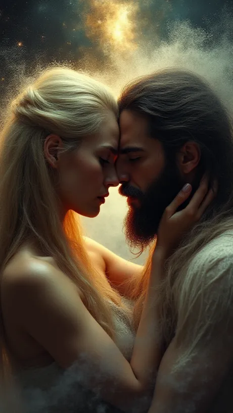 Image The captivating realistic cover of "The Beginning Of The Love Making Of Xres And Kael For The Eternity" features a close-up of a god and goddess locked in an intimate embrace amidst cosmic chaos. The goddess, with long blonde hair, caresses the face of her co-god, who sports a dark beard and long black hair. Swirling galaxies and shattered planets form the dramatic backdrop to their passionate union. The title, "The Beginning Of The Love Making Of Xres And Kael For The Eternity," is emblazoned in a fiery, sensual font across the top, promising a tale of eternal desire and destruction.
