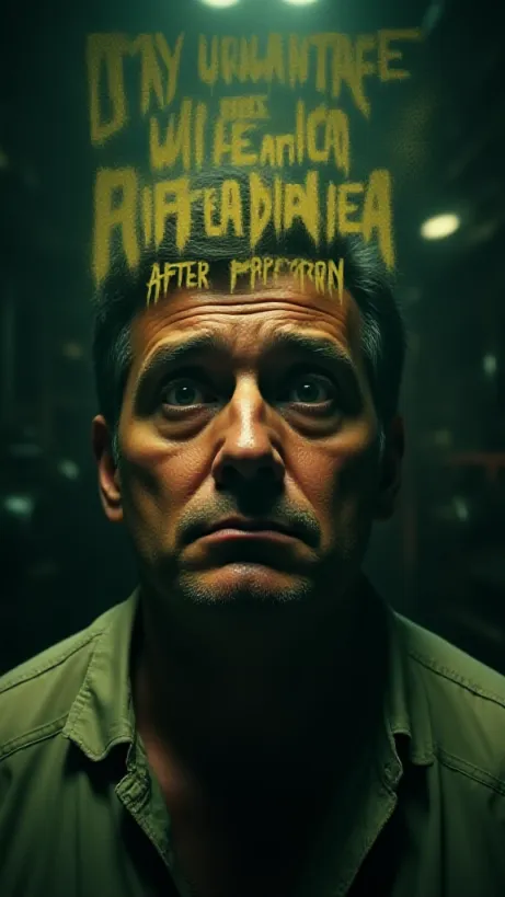 Image The captivating realistic cover of "My Unwanted Wife Has Diarrhea After Eating Unpopped Popcorn" features a close-up of a mid-adult man's face, etched with worry and exhaustion, his eyes reflecting a deep sense of helplessness. He stands within a dimly lit, chaotic factory setting, machinery parts blurred in the background, symbolizing his entrapment. Dominating the top half, the title "My Unwanted Wife Has Diarrhea After Eating Unpopped Popcorn," is scrawled in a distressed, jarring font, its color a sickly yellow-green, mirroring the bizarre and uncomfortable situation he's enduring. The overall tone is gritty and emotionally charged, hinting at the dark humor and domestic turmoil within.
