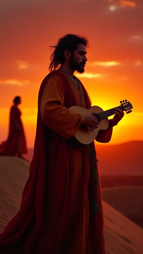 Image The captivating realistic cover of 'Drakari And Emily: A Ballad of the Minstrel and the Outlander' features a close-up of a man in colorful medieval attire, his face alight with passion as he strums a lute. He stands on a high dune, silhouetted against a vibrant sunset that paints the desert sky in hues of orange and purple. Behind him, barely visible against the setting sun, is the faint outline of a woman in red. The title, "Drakari And Emily: A Ballad of the Minstrel and the Outlander," is emblazoned across the top in an elegant, flowing script that seems to dance with the music in the air.
