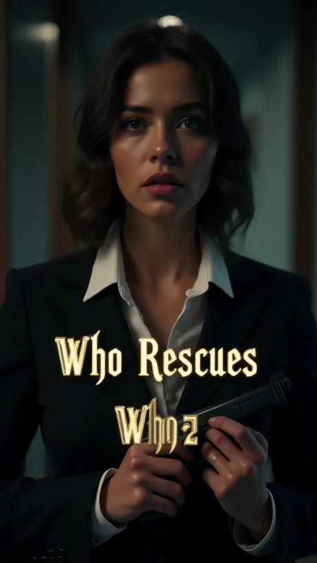 Image The captivating realistic cover of "Who Rescues Who?" features a close-up of a young woman in office attire. She clutches a hidden pistol, her eyes filled with worry and determination. The backdrop is a dimly lit office with shadows that add to the film noir atmosphere. The title, "Who Rescues Who?" is displayed in bold, elegant lettering that seems to glow against the dark background, hinting at the suspense and moral questions within the narrative.
