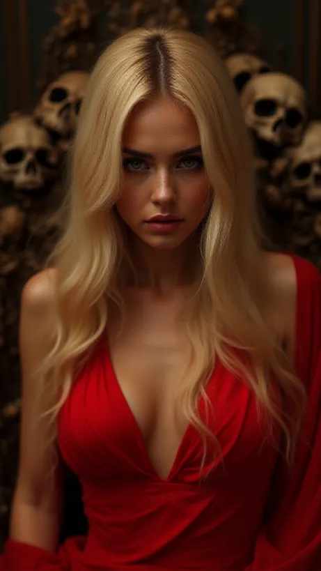 Image The captivating realistic cover of "The Beginning Of The Love Making Of Xres And Kael For The Eternity" features a close-up of a woman with long, flowing blonde hair, her expression a mixture of seduction and ruthless power. Wisps of hellfire red silk barely cover her form, swirling with cosmic energies. Behind her, a throne constructed of skulls hints at her dominion over a post-apocalyptic multiverse. The title, "The Beginning Of The Love Making Of Xres And Kael For The Eternity," is emblazoned in fiery, gothic letters, dominating the top of the cover. The image suggests a dark fantasy world where love and destruction intertwine, promising a tale of eternal passion and absolute power.
