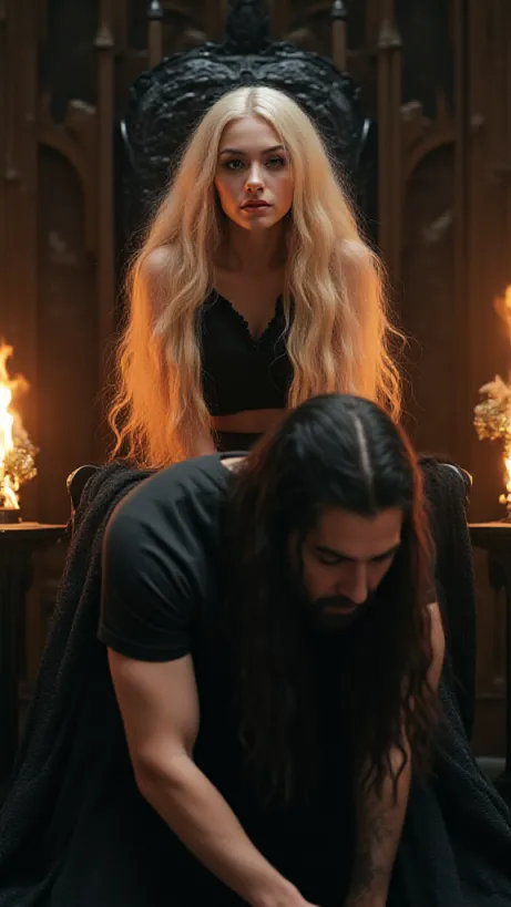 Image The captivating realistic cover of "The Beginning Of The Love Making Of Xres And Kael For The Eternity" features a close-up of a pale, seductive woman with long blonde hair cascading around her shoulders. She sits upon a throne of twisted black obsidian, flames flickering behind her, highlighting the diabolical set of her jaw. Her eyes are piercing, filled with ancient knowledge and cruel intent. In the foreground, a muscular man with long black hair and a meticulously groomed beard kneels before her, head bowed in reverence or anticipation. The title, "The Beginning Of The Love Making Of Xres And Kael For The Eternity," is emblazoned across the top in a gothic, fiery font, promising a tale of dark romance and ultimate power.
