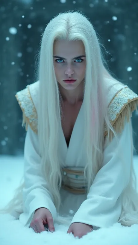 Image The captivating realistic cover of "The Demon King's Sex Slave" features a close-up of a slender man with long, flowing white hair that fades into pink at the tips, his ice-blue eyes wide with a mix of fear and longing. He kneels in a snow-covered shrine, clad in a white robe with intricate gold trim and ice-patterned shoulder guards, holding a delicate fan. Snow gently falls around him, enhancing the serene yet unsettling atmosphere. Above him, in bold, stylized lettering, the title "The Demon King's Sex Slave" is emblazoned, hinting at the dark romance within.
