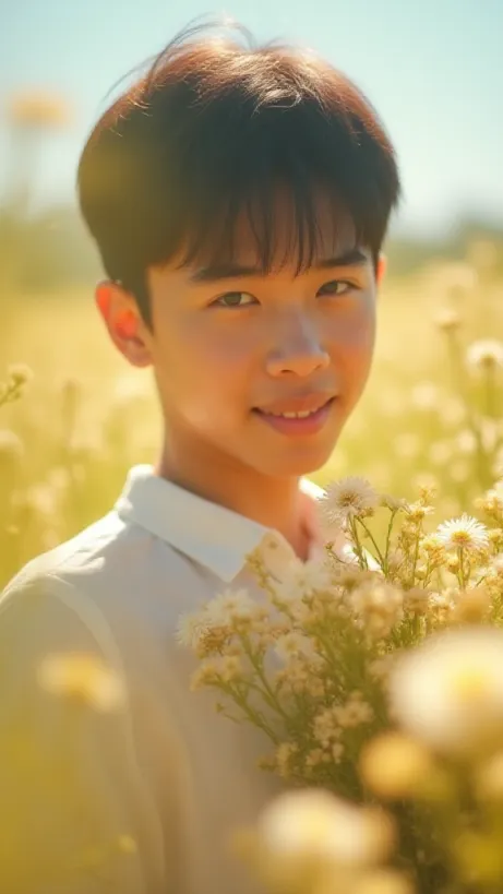Image The captivating realistic cover of "My Stepsister Is My Real Daughter" features a close-up of a young man in a field of blooming flowers, holding a bouquet with a gentle smile. Sunlight bathes the scene, highlighting his short black hair and muscular physique visible through a white shirt. The serene backdrop of the flower field contrasts with the societal challenges hinted at in the premise. The title, "My Stepsister Is My Real Daughter," is prominently displayed in elegant, flowing script, positioned at the top, inviting viewers to delve into this unconventional love story.

