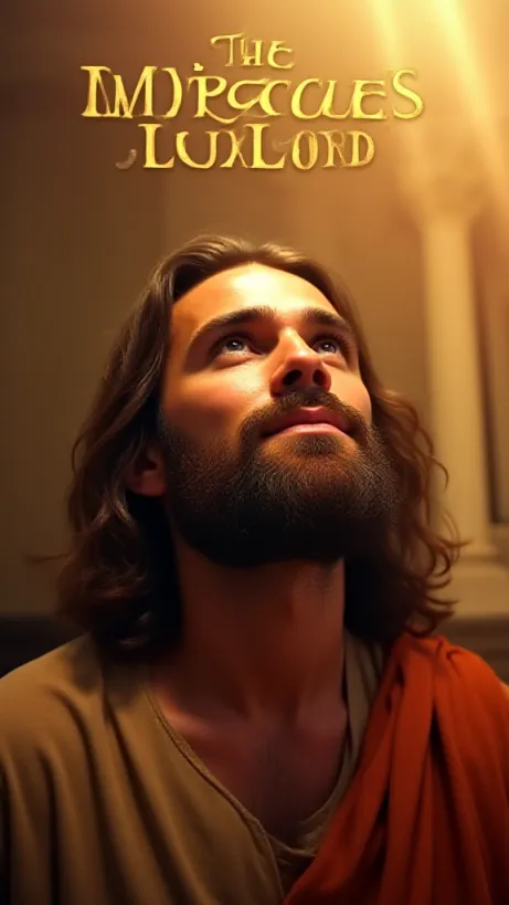 Image The captivating realistic cover of "The Miracles Of Our Lord" features a close-up of a compassionate man with long brown hair and a beard, bathed in a warm, divine light. His kind eyes gaze upward, filled with serenity and hope. The background shows a softly focused ancient Jerusalem, with hints of classical architecture suggesting a time of Roman rule. The title, "The Miracles Of Our Lord," is written in large, elegant gold lettering, positioned at the top of the cover, invoking a sense of reverence and wonder.
