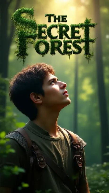 Image The captivating realistic cover of "The Secret Forest" features a close-up of a young, handsome man with short brown hair, gazing intently into a sunlit forest clearing. He is clad in worn leather shoulder armor and an adventurer's pack. Sunlight dapples his face, highlighting his look of curiosity and determination. The title, "The Secret Forest," is emblazoned across the top in an ancient, moss-covered font, with vines entwining the letters, blending the text with the forest's mystique. The background shows a dense, verdant forest with shafts of light penetrating the canopy, hinting at hidden wonders within.

