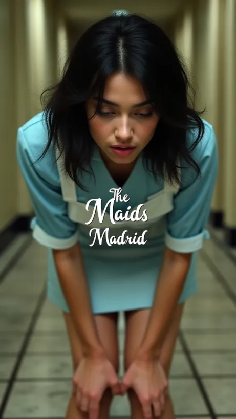 Image The captivating realistic cover of "The Maids of Madrid" features a close-up of a young woman with shoulder-length wavy dark hair, her tanned skin glistening slightly with sweat. She's dressed in a short, light blue maid's uniform, her expression a mix of frustration and exhaustion. Her bare feet are visible, showing signs of blisters and discomfort from the harsh tile floor. The background is a blurred hotel hallway, suggesting a sense of ongoing labor. The title, "The Maids of Madrid," is displayed in elegant, cursive lettering, positioned centrally to capture attention.

