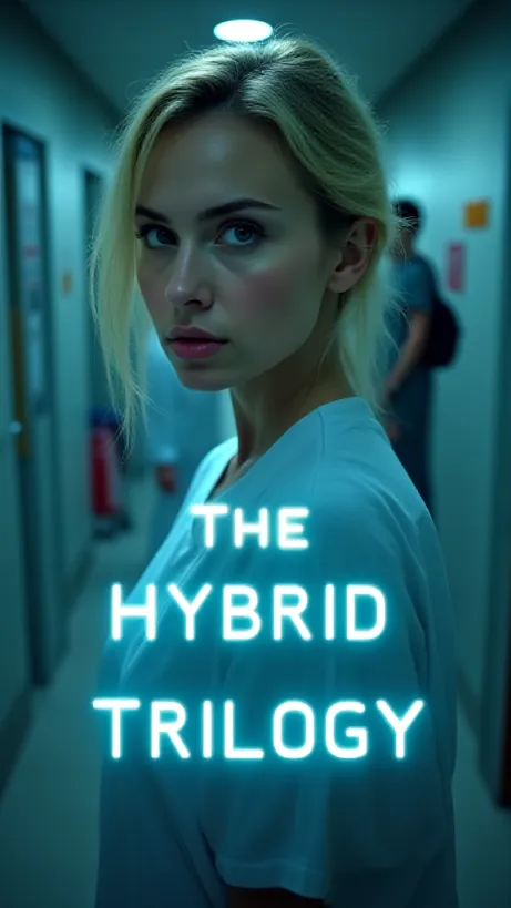 Image The captivating realistic cover of "The Hybrid Trilogy" features a close-up of a woman in a white hospital gown, her blonde hair disheveled, with an expression of confusion and determination. She glances back over her shoulder as if startled. The background shows a sterile, dimly lit hospital corridor with blurred figures and a sense of urgency. The title, "The Hybrid Trilogy," is prominently displayed in a sleek, futuristic font that glows softly, adding an element of mystery and technological intrigue.

