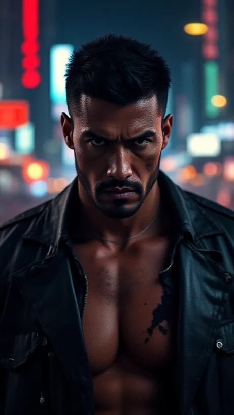 Image The captivating realistic cover of "Tiger Typhoon: The Rise Of A Legend" features a close-up of a muscular man, his face partially obscured by shadows, with a determined expression and visible scars. He wears a torn leather jacket over a ripped shirt, revealing a glimpse of his powerful physique. The background is a vibrant cityscape at night, filled with neon lights and dramatic lighting, creating a sense of danger and excitement. The title, "Tiger Typhoon: The Rise Of A Legend," is emblazoned across the top in bold, stylized letters, conveying the high-stakes action and legendary status of the protagonist.
