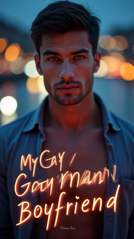 Image The captivating realistic cover of "My Gay German Boyfriend" features a  close-up of a tempting, athletic man with short, dark hair and striking blue eyes. His open shirt reveals a glimpse of his toned physique. He gazes seductively at the viewer with an inviting expression, his hand slightly outstretched as if reaching out. The background is a soft-focused evening cityscape, with blurred city lights creating a warm and seductive atmosphere. The title, "My Gay German Boyfriend," is prominently displayed in a bold, modern font, with a gradient that mirrors the warm and cool tones of the city lights, making the title pop.
