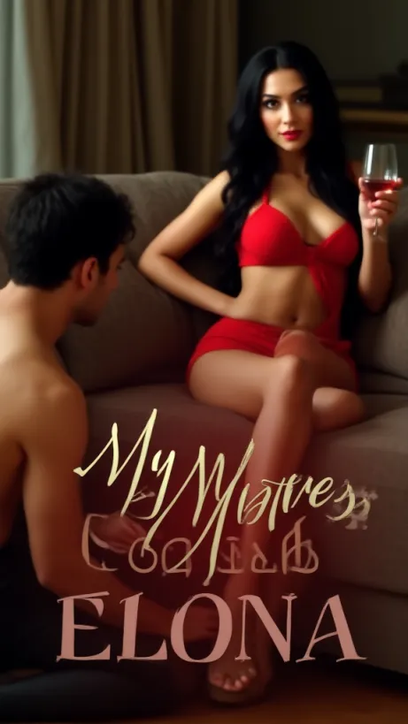 Image The captivating realistic cover of "My Mistress Elena" features a close-up of a young woman with fair skin and long black hair, sitting seductively on a plush sofa. She is dressed in red lingerie, holding a wine glass, with a commanding yet relaxed expression. Soft lighting highlights her hourglass figure. In the foreground, a man kneels, his bare chest and exposed shoulders visible, as he devotedly cleans her feet. The background is a blurred, luxurious living room. The title, "My Mistress Elena," is prominently displayed in elegant, flowing script, positioned to draw the eye and hint at the intimate dynamics of the story.
