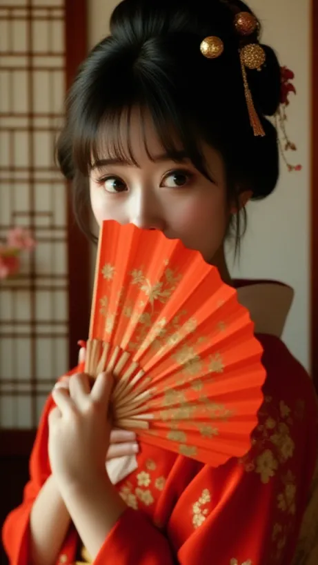 Image The captivating realistic cover of "The Forbidden Love Between A Geisha And Her Student" features a close-up of a geisha in a red and gold kimono, her face partially obscured by a traditional fan. She gazes seductively to the side, her dark hair intricately styled with ornamental combs. The background is a softly blurred image of a traditional Japanese room with shoji screens and delicate floral arrangements. The title, "The Forbidden Love Between A Geisha And Her Student," is prominently displayed in elegant, calligraphic lettering that complements the traditional Japanese aesthetic.
