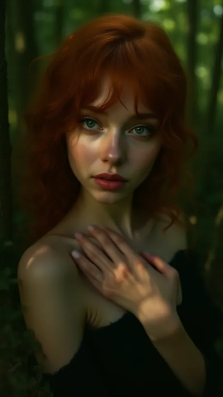 Image The captivating realistic cover of "The Vampire Prince" features a close-up of a young woman with fiery red hair and piercing green eyes, her pale skin illuminated by dappled sunlight filtering through a dense forest. She clutches her chest, her expression a mix of shyness and fear as she glances away, hinting at a hidden secret. The background is a lush, green forest, the light creating an ethereal, dreamlike quality. The title, "The Vampire Prince," is emblazoned across the top in elegant, gothic lettering, the "V" extending into a stylized, subtle fang shape, adding a touch of dark romance.
