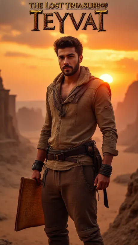 Image The captivating realistic cover of "The Lost Treasure of Teyvat" features a close-up of a daring young man, clad in torn adventurer's garb, holding a weathered map. His confident smile hints at the thrilling journey ahead, as he gazes into the distance with determination. The backdrop showcases a mesmerizing sunset over a vast desert landscape, complete with ancient ruins and towering rock formations. The title, "The Lost Treasure of Teyvat," is emblazoned in bold, stylized letters, reminiscent of ancient inscriptions, captivating the viewer with its promise of adventure and hidden riches.
