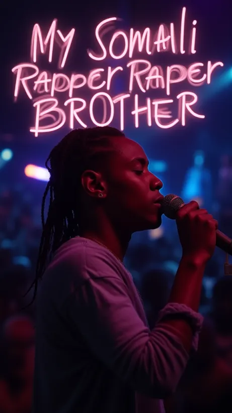 Image The captivating realistic cover of "My Somali Rapper Brother" features a close-up of an 18-year-old dark-skinned man with braided cornrows. He's holding a microphone, eyes closed, lost in the music, bathed in vibrant concert lighting. The background is a blurred stage scene, full of energy and movement, capturing the essence of a live performance. The title, "My Somali Rapper Brother," is emblazoned in bold, graffiti-style lettering across the top, with a neon glow that mirrors the stage lights, emphasizing the protagonist's passion and the electrifying world of rap music.

