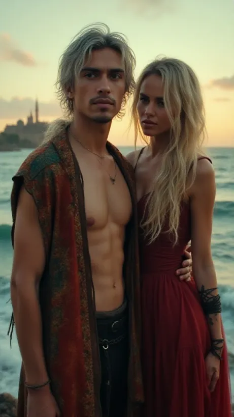 Image The captivating realistic cover of "Drakari And Emily : A Ballad Of A Medieval World" features a close-up of a shirtless, tan-skinned minstrel with long silver hair and black eyes, who is looking off with a confident, seductive expression. He is wearing an open, colorful medieval vest. In the background, a mysterious blonde-haired woman in a tattered red dress stands beside him at the edge of a stormy ocean, with a broken arm expressing pain and vulnerability. The ancient city of Ahklan rises in the distance with soft lighting at sunrise, as the title, "Drakari And Emily : A Ballad Of A Medieval World," is displayed in artistic medieval lettering.
