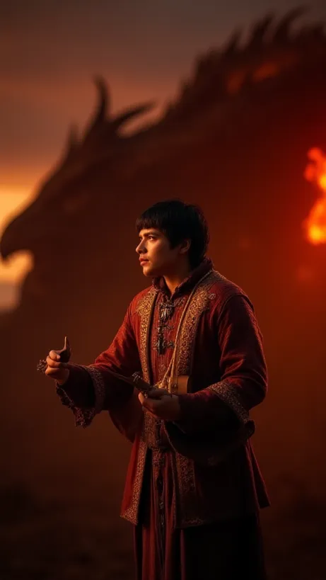 Image The captivating realistic cover of "Drakari And Emily : A Ballad Of A Medieval World" features a close-up of a minstrel in extravagant medieval attire, lute in hand, with a backdrop of a fiery dragon against a twilight sky. The man has short black hair and an energetic expression, hinting at his adventurous spirit. Golden lighting highlights his colorful clothing and the polished wood of his lute. In the blurred background, a colossal red dragon exhales fire, symbolizing the dangerous world of Ahklan. The title, "Drakari And Emily : A Ballad Of A Medieval World," is emblazoned in an elegant, medieval-style font, positioned to draw the eye and evoke a sense of fantasy and adventure.
