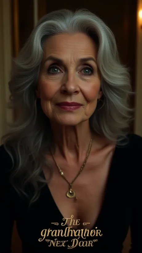 Image The captivating realistic cover of "The Grandmother Next Door" features a close-up of an older woman with long grey hair and wrinkled skin, wearing a black dress and gold necklace. She gazes seductively into the distance with a subtle smirk, her cleavage slightly visible, enhanced by dramatic lighting. The background is a luxurious indoor setting with ornate details, hinting at hidden secrets and manipulation. The title, "The Grandmother Next Door," is displayed in elegant, gold lettering that curves slightly, emphasizing the character's enigmatic and alluring yet dangerous nature.

