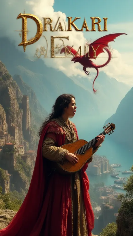 Image The captivating realistic cover of "Drakari And Emily : A Ballad Of A Medieval World" features a close-up of a minstrel, adorned in vibrant medieval clothing, mid-song, with lute in hand. The backdrop showcases a sprawling medieval city nestled between towering mountains and an endless ocean, hinting at the kingdom of Ahklan. Boldly emblazoned across the top is the title, "Drakari And Emily: A Ballad Of A Medieval World," rendered in an elegant, fantastical font that evokes the era. A colossal red dragon soars through the sky in the background, subtly hinting at the grand adventures within.
