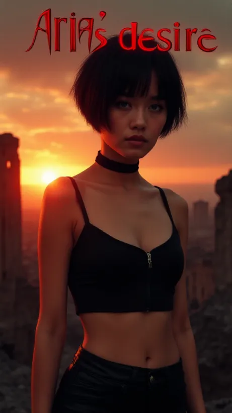 Image The captivating realistic cover of "Aria's Desire" features a close-up of a young woman, her pale skin illuminated by a dramatic sunset. She has short, choppy black hair and piercing blue eyes that look away with a sense of guarded determination. She wears a tight, dark crop top and leather pants, a black choker around her neck. In her hand, she grips a gleaming knife, hinting at her dangerous nature. Behind her, the silhouette of crumbling city ruins is cast in shadow, and the title, "Aria's Desire," is emblazoned across the top in bold, crimson lettering, conveying both beauty and lethal intent.
