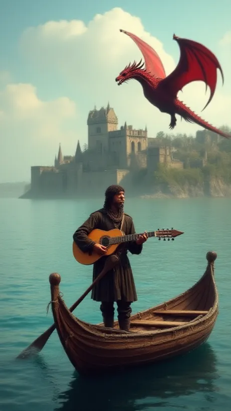 Image The captivating realistic cover of "Drakari And Emily : A Ballad Of A Medieval World" features a close-up of a minstrel playing a lute by the sea, the minstrel is standing on a little medieval boat. The background shows the capital of Ahklan, «King’s landing» where Dragons and People live together. A giant red dragon can be seen flying near the castle. The minstrel is rowing to go in the capital. The title, "Drakari And Emily : A Ballad Of A Medieval World", stands out in a medieval font, giving the reader a glimpse of the medieval world.
