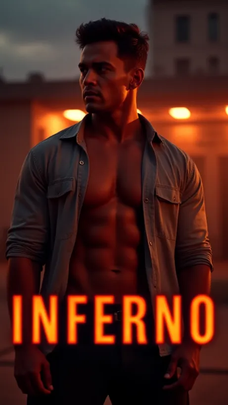 Image The captivating realistic cover of "Inferno" features a close-up of a muscular man, a fire captain, with an open shirt revealing a strong chest. He's looking away with a determined gaze. The background is a dusk scene at a Texas fire station, with the building lights casting dramatic shadows. The title, "Inferno," is emblazoned in bold, fiery letters, positioned to capture attention. The colors of dusk are deep oranges and purples, reflecting the heat and intensity of the story.
