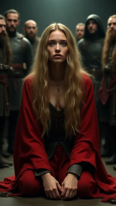 Image The captivating realistic cover of "DraKari And Emily： A Ballad Of A Medieval World With Dragons" features a close-up of a determined woman with long blonde hair and green eyes, kneeling with bound hands. Her medieval red cotehardie is tattered, suggesting hardship. The background shows a dimly lit interrogation scene, soldiers in medieval attire surrounding her, their faces stern and questioning. Dramatic lighting emphasizes her desperation and broken spirit. The title, "DraKari And Emily： A Ballad Of A Medieval World With Dragons," is prominently displayed above her in a bold, fantasy-inspired font, hinting at the story's magical and medieval themes.
