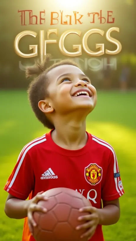 Image The captivating realistic cover of "The Giggs Effect" features a close-up of a young boy in a Manchester United jersey, holding a football, looking upwards with a hopeful and excited expression. The background showcases a vibrant, sunlit park with lush green grass. The title, "The Giggs Effect," is emblazoned in bold, dynamic lettering that curves slightly upwards, conveying a sense of aspiration and dreams taking flight.
