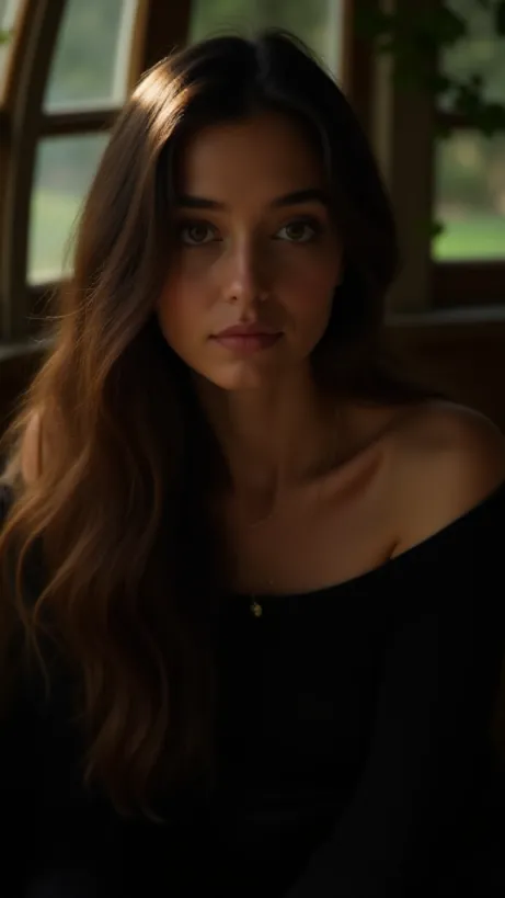 Image The captivating realistic cover of "The Composer's Secret" features a close-up of a young woman in a dimly lit music conservatory. Her long, flowing brown hair cascades over her bare shoulder as she leans forward, a delicate gold necklace catching the soft light. She wears a black off-the-shoulder top that highlights her hourglass figure. The sunlight streams in through the conservatory windows, casting a warm glow on her pale skin. Her brown eyes gaze intensely off-screen, hinting at the secrets hidden within. The title, "The Composer's Secret," is elegantly displayed in a handwritten-style font, enhancing the romantic and mysterious mood of the image.
