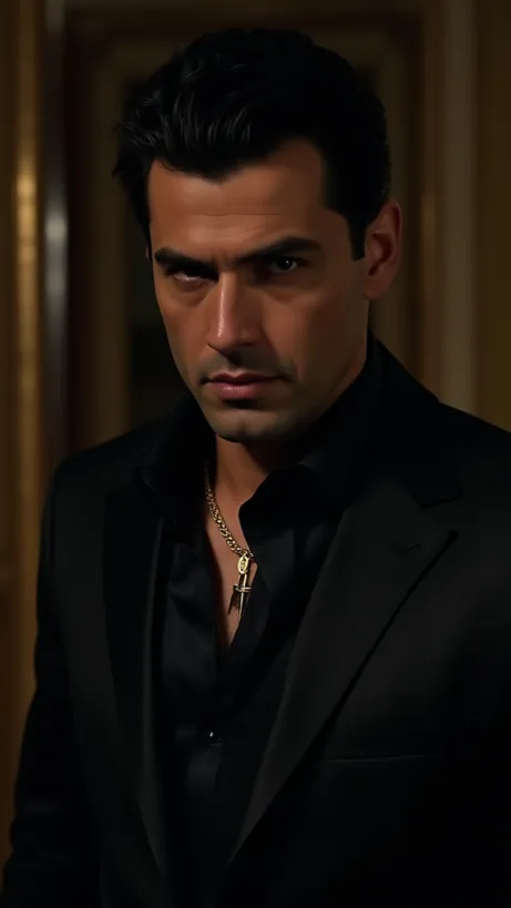 Image The captivating realistic cover of "Spinelli" features a close-up of a mafia boss. He exudes power and danger in a sharply tailored black suit with an open collar revealing a gold chain. The scene is dimly lit, casting strong shadows across his chiseled face, highlighting his dark eyes and slicked-back black hair. His expression is serious and confident. The background features a blurred glimpse of a luxurious interior, hinting at wealth and influence. The title, "Spinelli," is prominently displayed in bold, elegant letters, conveying both sophistication and underlying menace.
