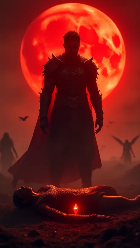 Image A dramatic book cover image featuring King Saza, a powerfully built male figure with regal bearing, clad in ornate dragon scale armor, standing amidst a battlefield on the planet Myos. He is silhouetted against a blood-red moon, casting long shadows and emphasizing his silhouette. The backdrop showcases a fiery sky filled with the silhouettes of a thousand dragons in flight, their forms twisted and ominous. In the foreground, a fallen female warrior, Queen Lara Xrès, lies defeated amidst the carnage, glowing with an ethereal light, her presence a beacon of hope. A magical, crystalline Xrès diamond artifact is clutched tightly in her hand, emitting a soft, radiant glow. Behind Saza, Azlin, a seductive figure draped in dark sorceress robes, watches with a cunning expression in the shadows, subtly hinting at her manipulative nature. The overall mood is one of epic struggle, loss, and defiance. The image should be rendered in a lh_new_flux_realistic style, emphasizing contrast, light, and shadow to create an atmosphere of war and loss, with a focus on a cinematic composition that embodies themes of power, loyalty, and the war. The lighting should illuminate Saza and Lara, showcasing the focus on Saza and Lara’s relationship, with Azlin set back in shadow. The style should have a sense of painterly realism, with a focus on dynamic action and the contrast of colors.
