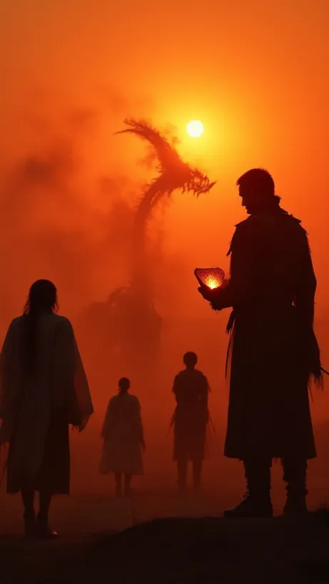 Image A dramatic, high-angle shot capturing the desolation of a post-apocalyptic Earth. The scene showcases King Saza, a stoic figure in worn, regal attire, silhouetted against a fiery sunset that casts long shadows across a barren landscape. In the distance, a skeletal dragon's silhouette looms menacingly against the burning sky, smoke billowing from its skeletal remains. In the foreground, Sarah, illuminated by the last rays of sun, intently examines a glowing shard of the Xrès diamond artifact, its light reflecting in her determined eyes. To the sides, partially obscured by dust and shadows, Azlin, Lara, Mantisa and The Parallel Emily Carter stand vigilantly, each exuding a sense of resilience and readiness for battle. The overall color palette is dominated by fiery oranges, deep reds, and muted grays, emphasizing the apocalyptic setting and the looming threat. The art style is lh_new_flux_realistic, with highly detailed textures and dramatic lighting to convey the sense of danger, hope, and the clash of worlds. The composition should draw the eye, from the artifact to the horizon, suggesting a journey through the thousand dragons saga.