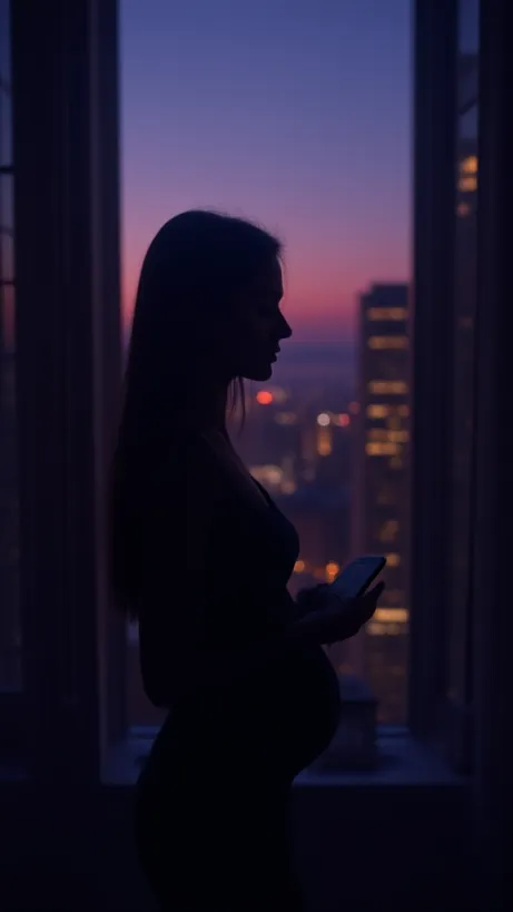 Image A dramatic book cover image featuring Samantha Scott, bathed in the soft, diffused light of a Chicago cityscape at twilight. The sky above casts a melancholic purple and orange gradient, reflecting in the windows of high-rise buildings. Samantha, a young white woman with a mix of determination and vulnerability etched on her face, is partially silhouetted, standing in a modern, minimalist apartment with floor-to-ceiling windows. She's gazing out at the city, one hand gently resting on her slightly rounded abdomen, the other clutching a cell phone with a visible message from 'Jonathan.' The overall composition suggests internal conflict and the weight of secrets. Jonathan Chandler is a distant, blurred figure, barely visible in the opposite building window, representing the distance between them and the uncertainty of their future. The scene is infused with a lh_new_flux_realistic style, emphasizing shadows and reflections. The lighting evokes the introspective mood of a romantic suspense story. Focus on capturing the emotional turmoil and the looming decisions that Samantha must face. The overall mood is one of longing, fear, and hope. The background subtly hints at the competitive business world they inhabit. The color palette is dominated by cool blues and purples contrasted with the warm glow of city lights, adding to the emotional depth of the image.